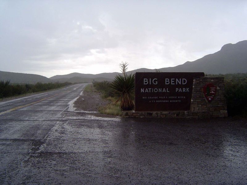 A hundred miles farther on, and 50 south of Marathon, there's a brief thunderstorm at the entrance to Big Bend.