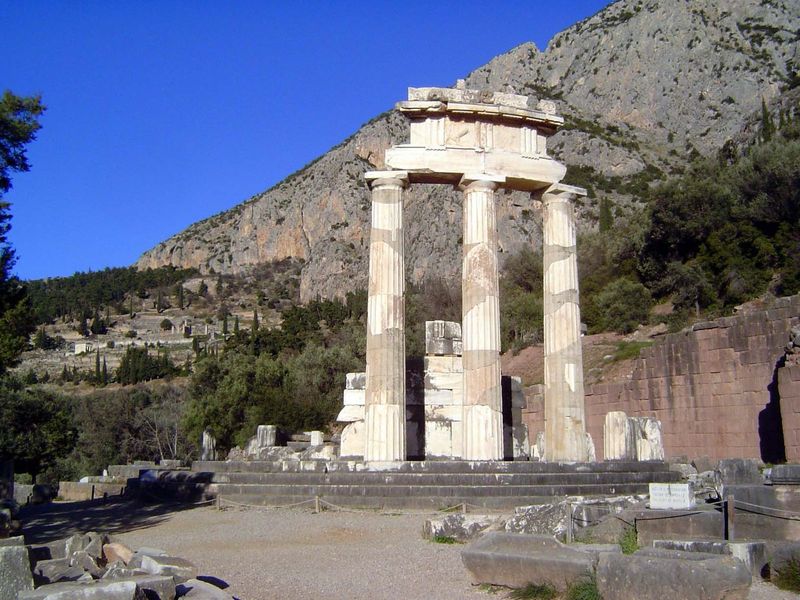 The fragmentary wall is original, but the columns, along with the lintel, frieze and cornice above, have been reassembled.