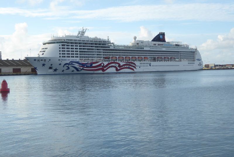 Sometimes, it has company. Here's The Pride of America, property of the Norwegian Cruise Line. The name has some justification, because the 