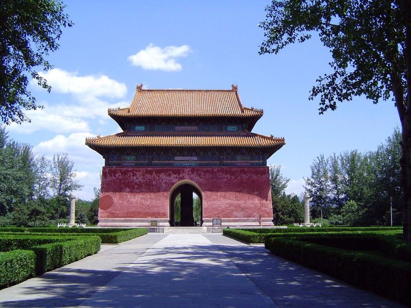 Stele pavilion on the Sacred Way Shenlu to the Ming tombs. Originally intended as the entrance to the tomb of Zhu Di, the Yongle Emperor and