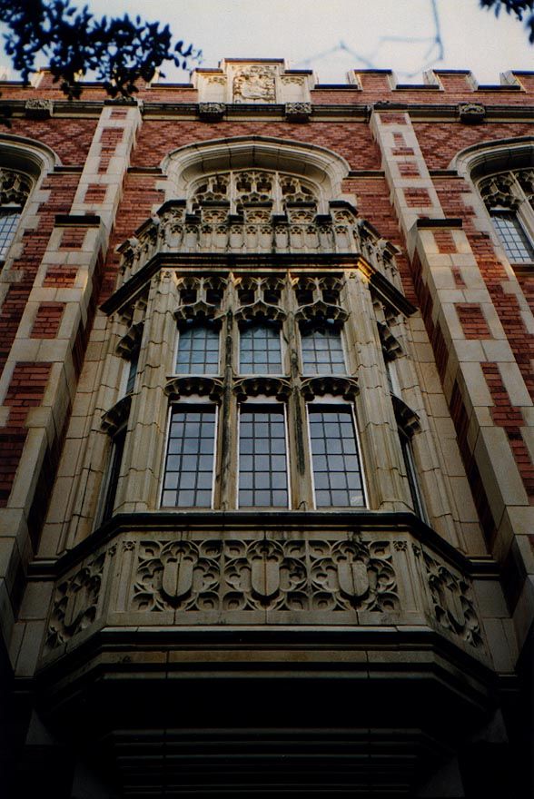 The central bay of Evans Hall, seen from the south. The room behind the massive bay window belongs to the university budget office, not to a