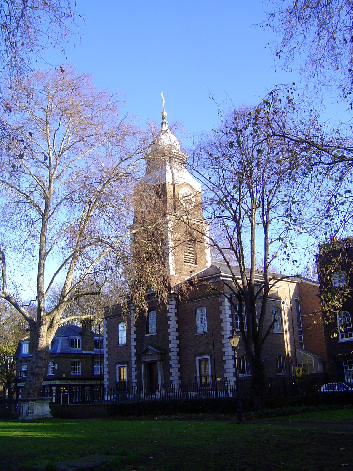 Here's the church in question, St. John, built in 1756. Only a shell survived the war, but the London County Council paid for restoration in