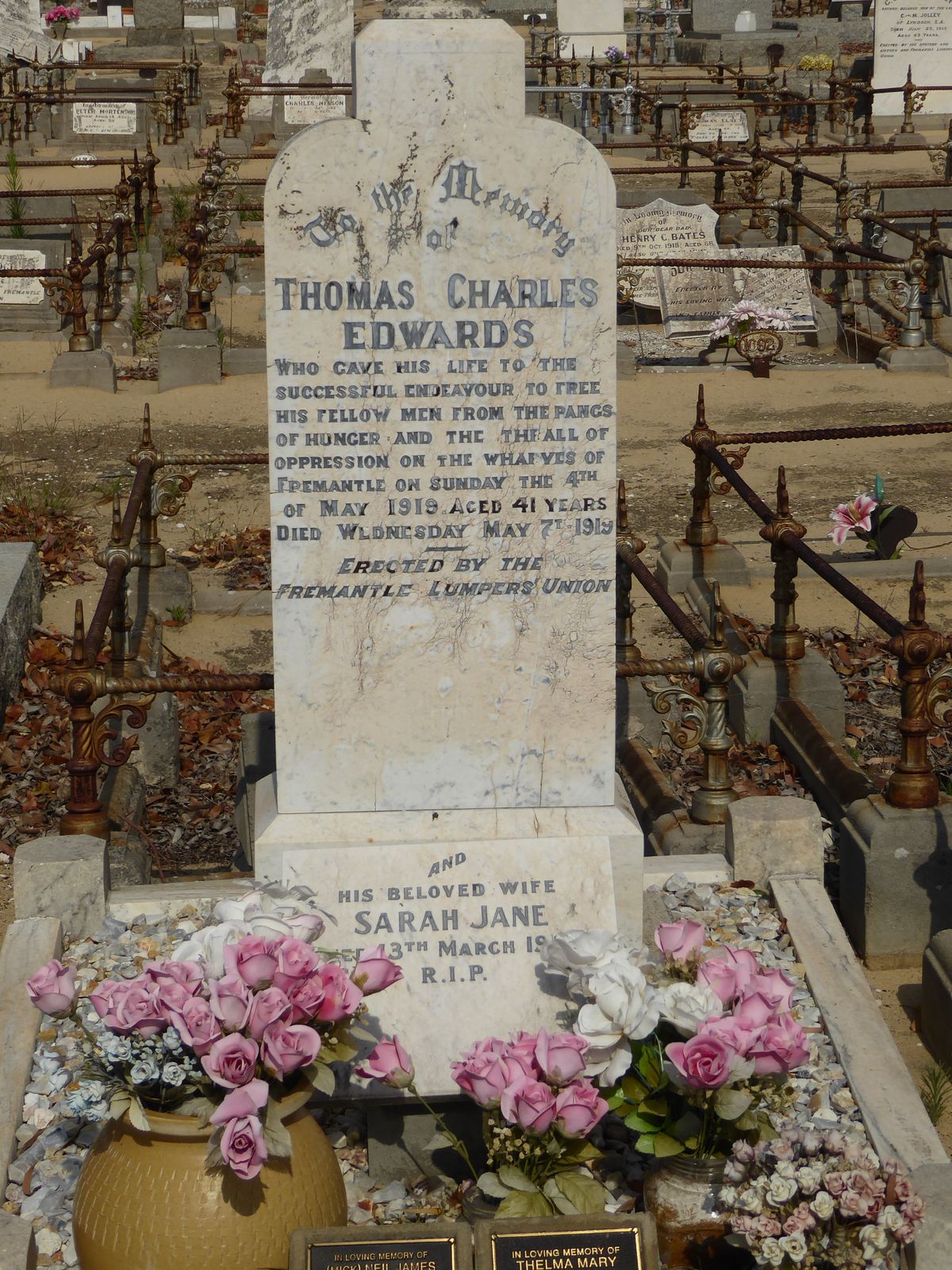The first fatality in the local labor movement. Going to the rescue of a bayoneted colleague, Edwards' skull was broken by a police baton. T