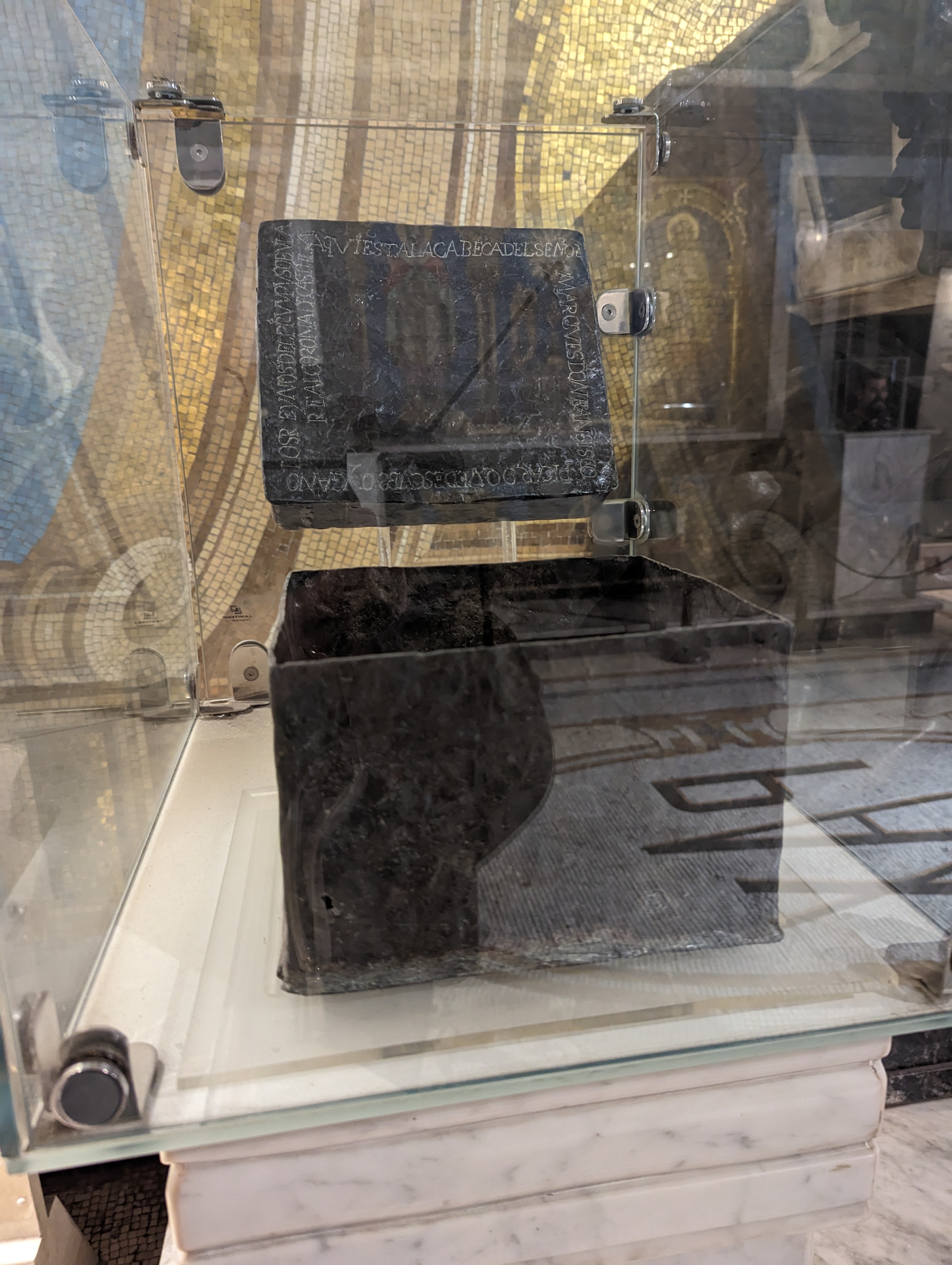 Also on display, the lead box that held Pizarro's skull until 1977.