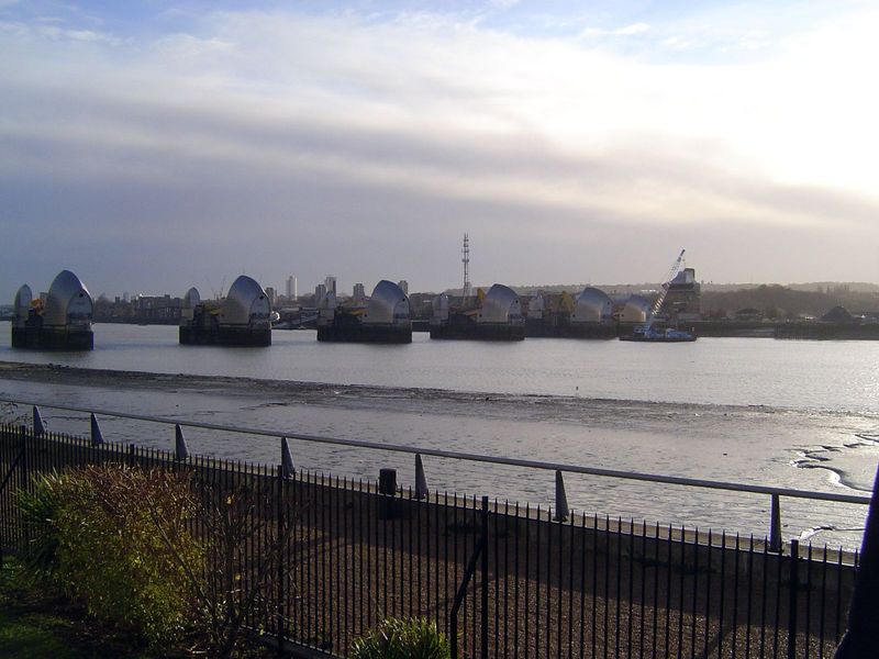 This is the Thames Barrier built to protect the city from surge tides. Pevsner writes that this is "one of London's most ambitious civil eng