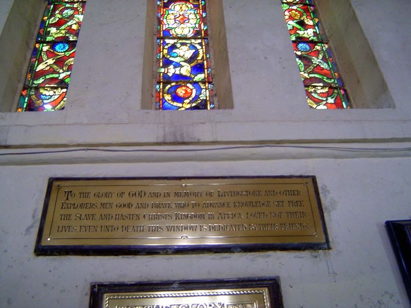 ...in memory of Livingstone and other explorers, men good and brave, who to advance knowledge, set free the slave, and hasten Christ's Kindo