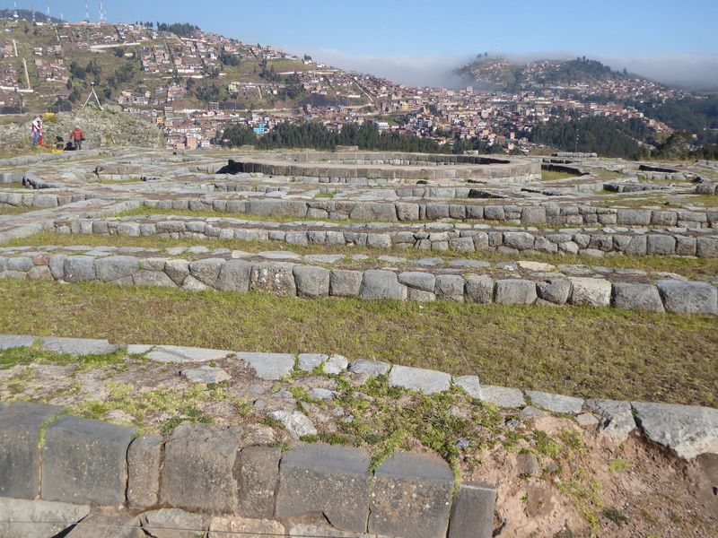 Ropes keep visitors from approaching the foundation of the so-called circular tower or Muyumarca, uncovered only in 1933 and in Inca times f