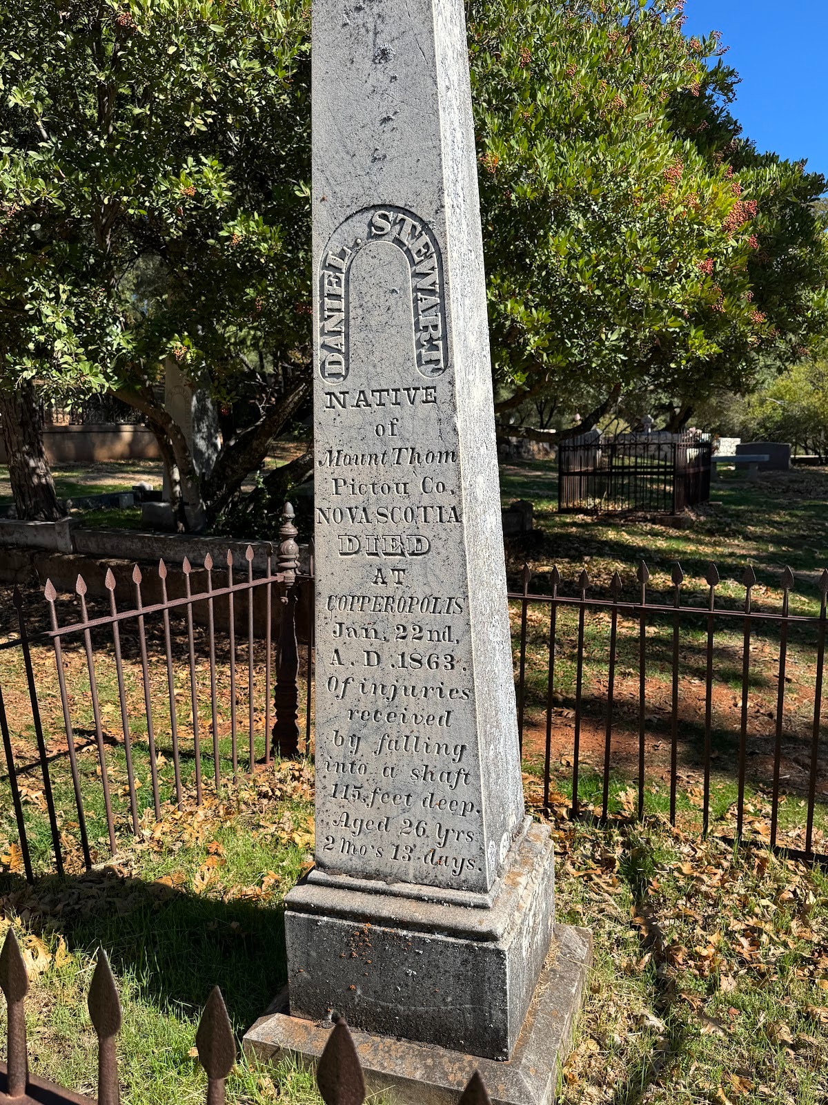 Most of the stones offer nothing beyond name, dates, and place of birth, but here's an exception: a native of Nova Scotia who died of "injur