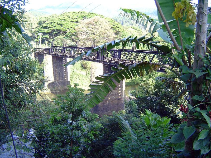 The garden sits in a horseshoe curve of the Mahaweli Ganga; here, just upstream, is the railway bridge across the river.
