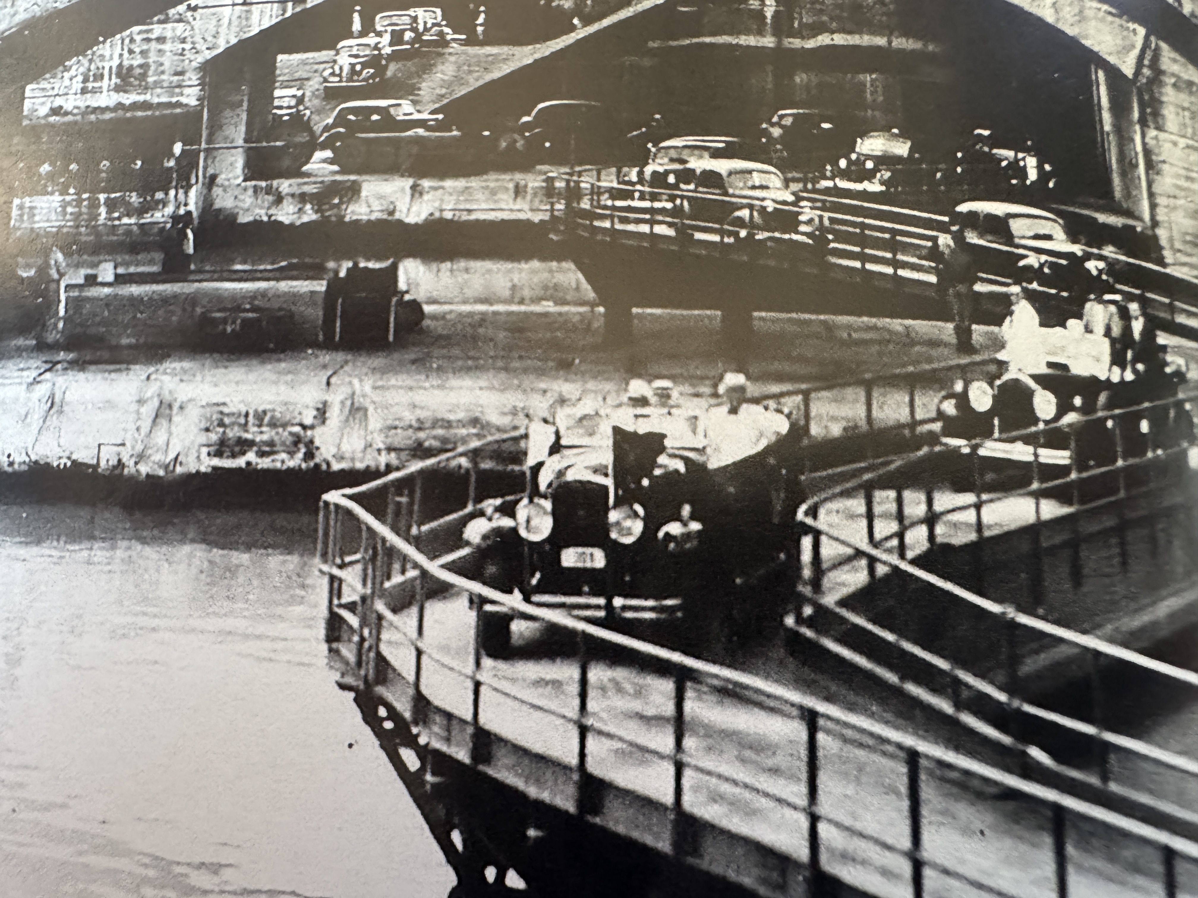 Early motorists had to take ferries across the Canal, but in 1935 they could also drive on top of the miter gates.  Today?  Fat chance.  Edi