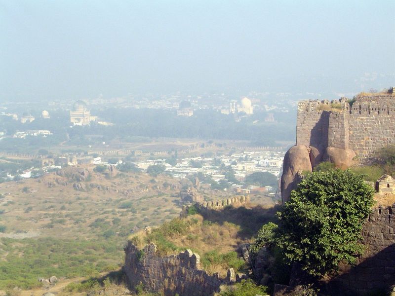 The view north is toward the tombs of the Qutb Shahi kings.