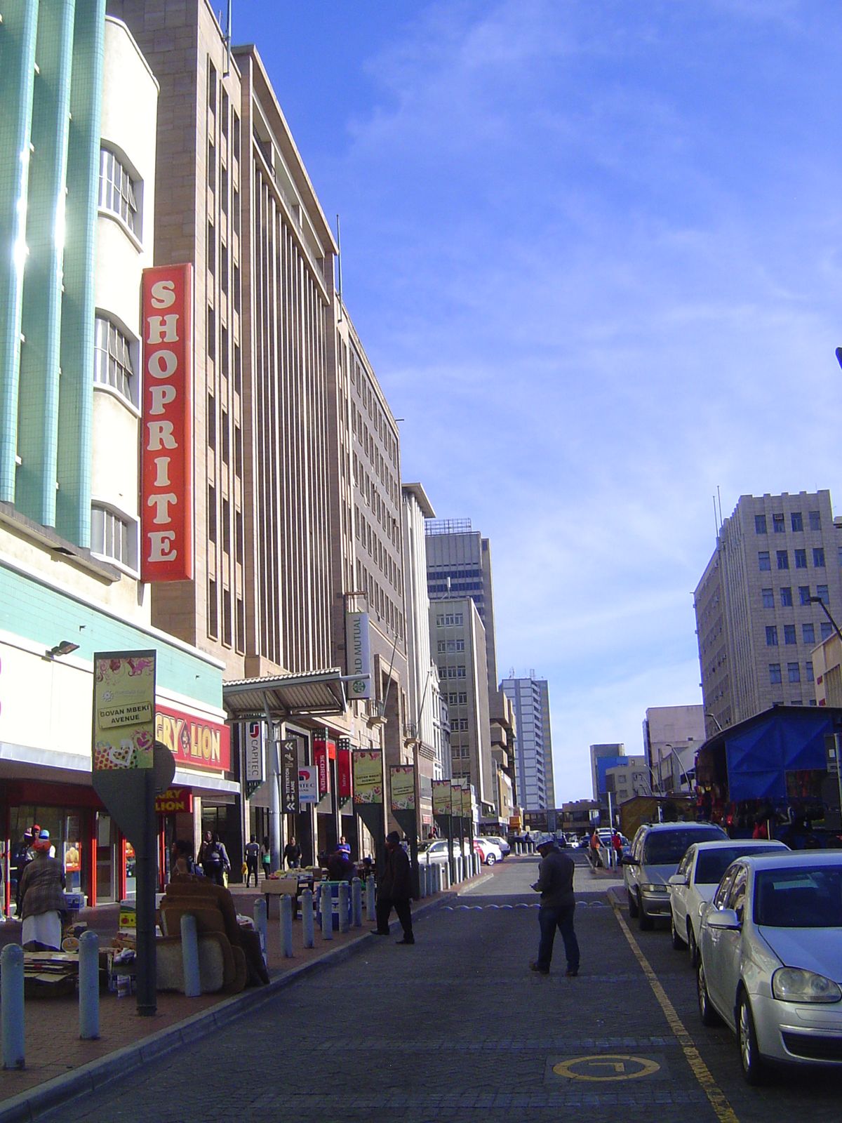 So here we are, one block inland, on what used to be Main Street. Now it's Govan Mbeki, named for Thabo's father. Traffic has been calmed by