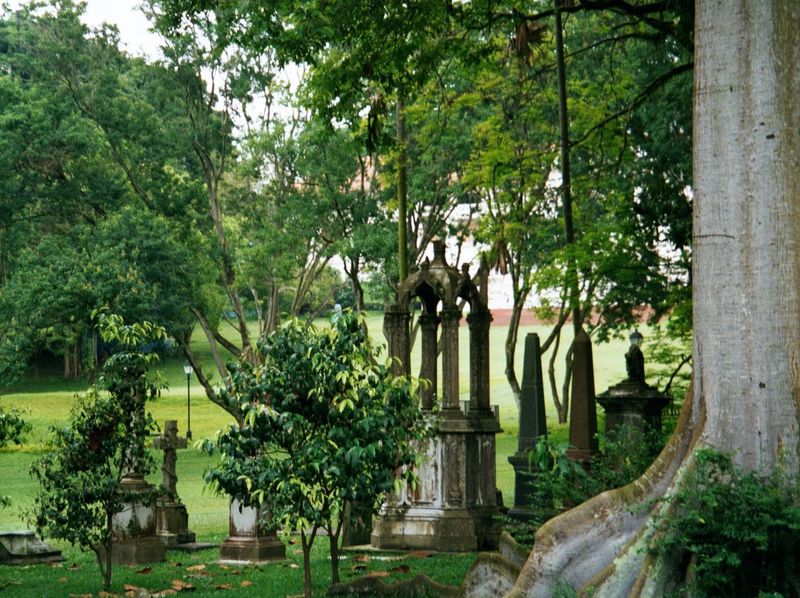 Most of the tombstones have been removed from the old English cemetery in Fort Canning, which is now a very central park. A few survive, pus