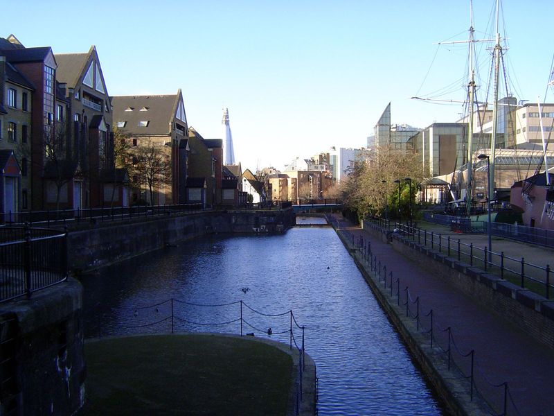 A block to the north of the church, a canal survives near the mostly filled London Dock, whch was connected to St. Katharine's. The drydocke