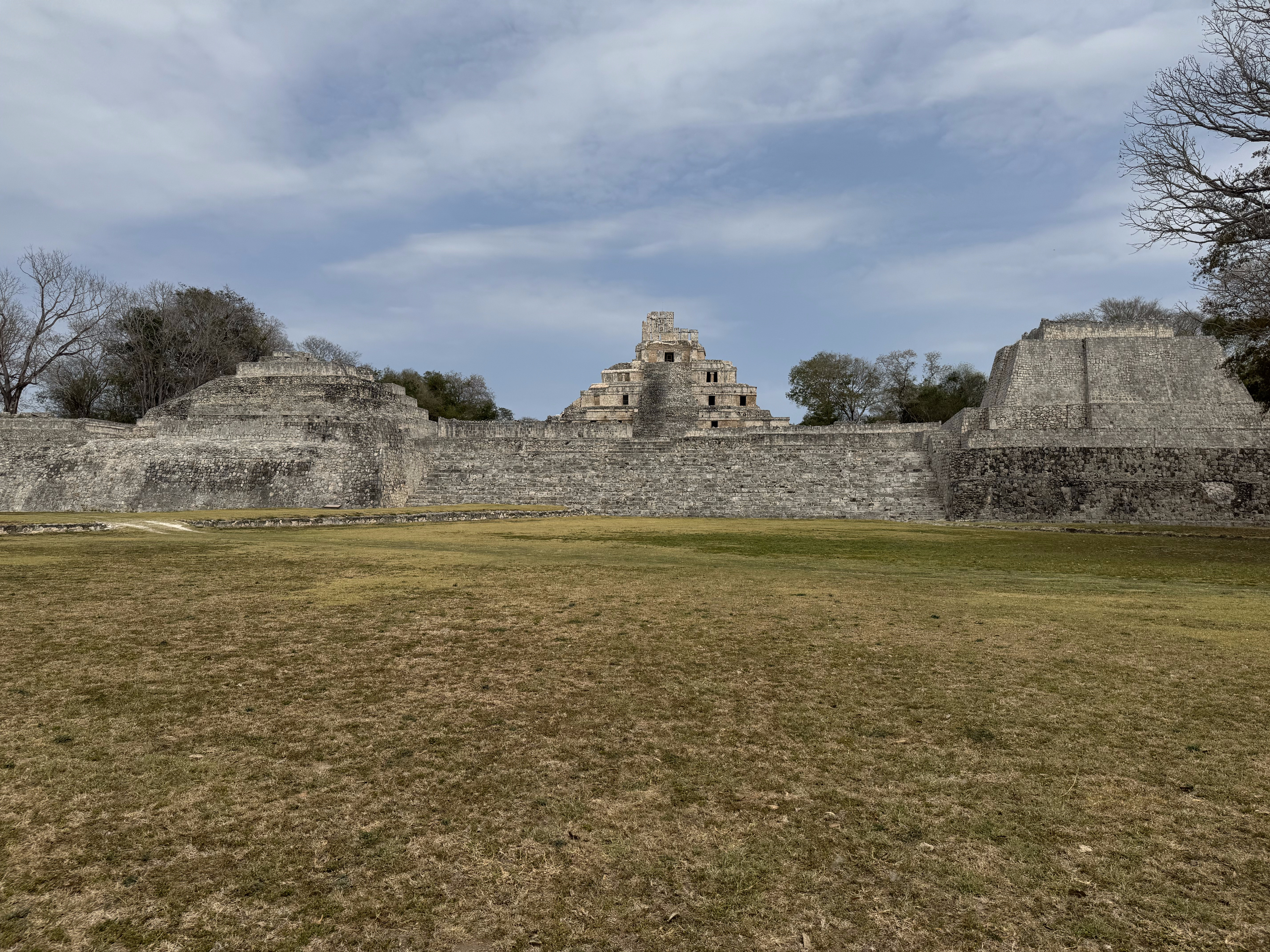 A couple of miles away: the Grand Acropolis at Edzna.  We can climb up to the terrace.