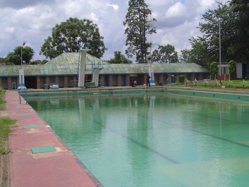 The football grounds were abandoned by 2015, but the mine's swimming pool still operated. It was closed for lunch when this picture was take