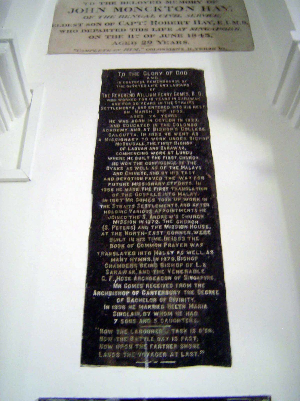 A memorial to William Henry Gomes, a Ceylon-born missionary to Sarawak who translated the gospels into Malay.