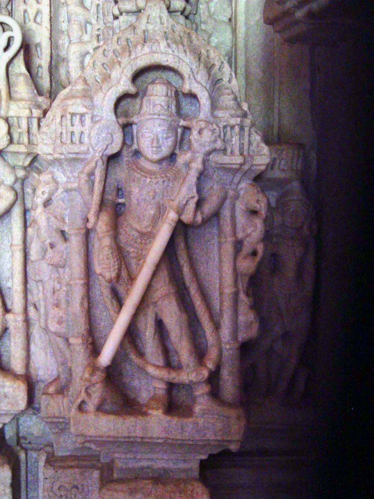 A close-up of one of the eight dikpalas. This one, guarding the west, is Nirutti.