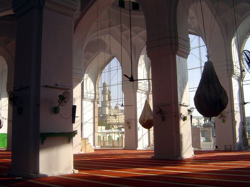Like the great mosque at Delhi, Mecca Masjid is open on its east side.