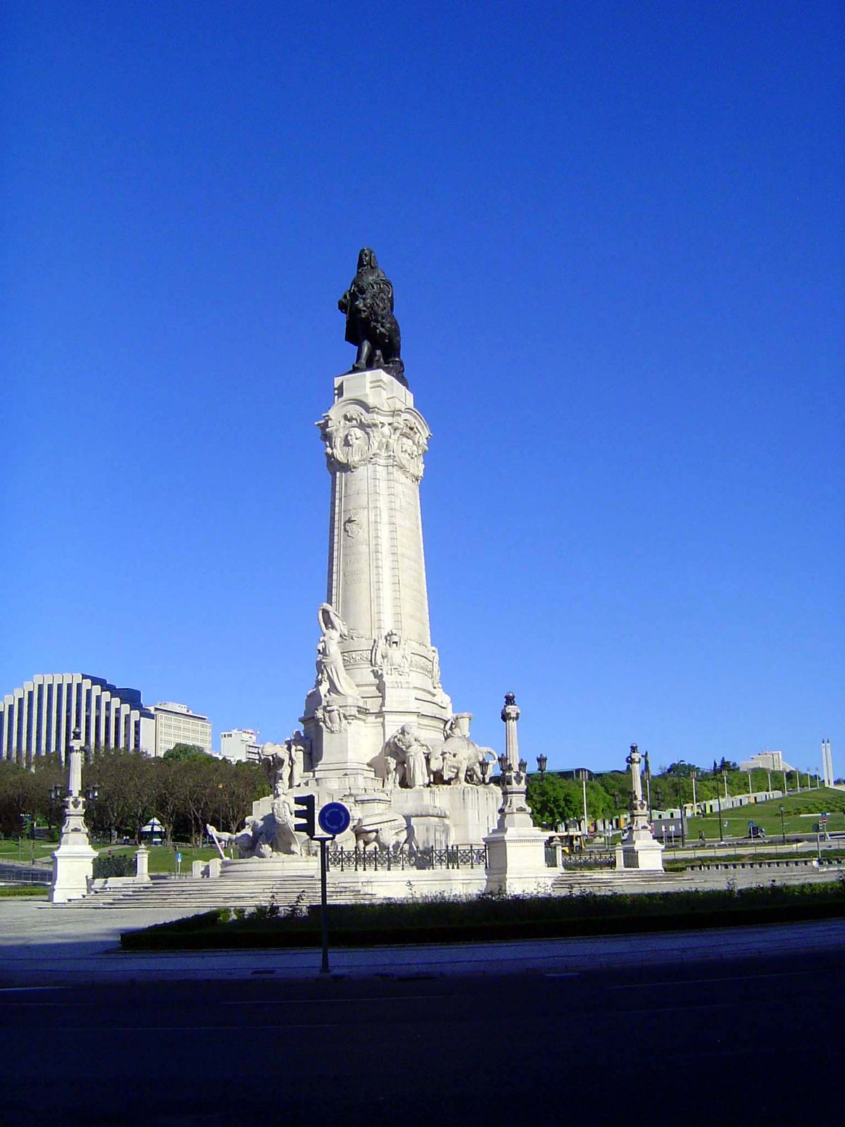 At the head of the rebuilt city's main axis, the Marqués de Pombal.