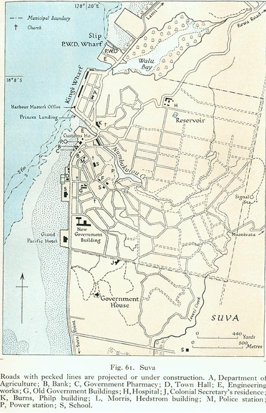 Here's the city about 1940, when Suva had about 10,000 people.  Today, it has about 80,000 or twice that many if you include the suburbs.  M