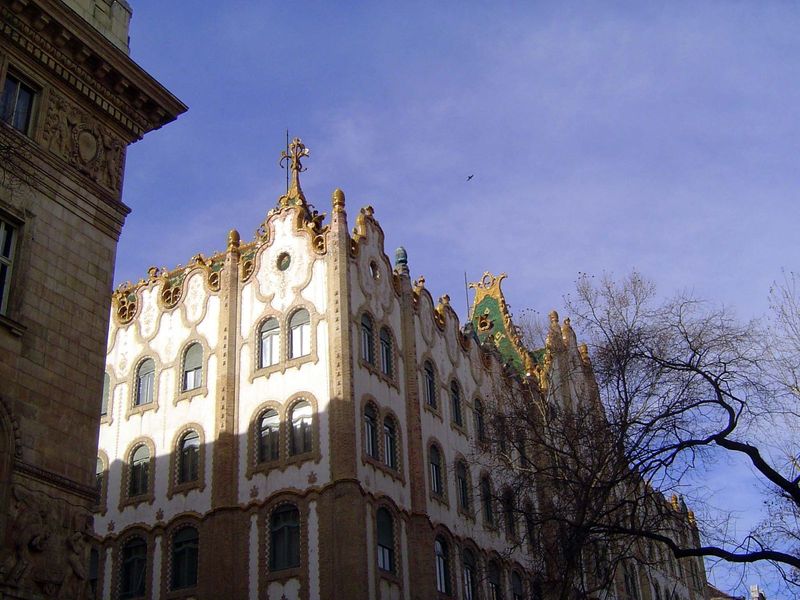 The building is hard to photograph because the most extravagant element is the roof. You can see why Lechner picked up the label "Hungarian 