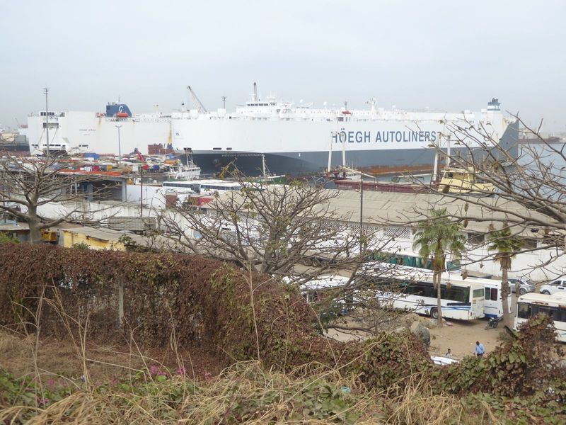 Here's a Norwegian roll-on/roll-off car carrier; it makes two trips monthly from Asia.