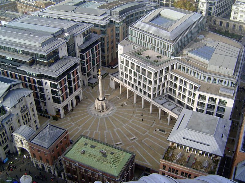 Looking down to Paternoster Square. The white building is the London Stock Exchange.