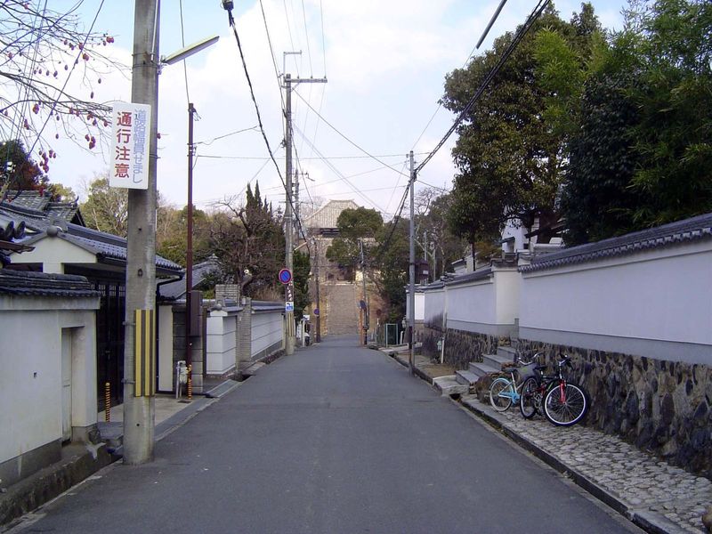 Here's the context for all these houses: the quiet lane with Kaidan-in at the far end. The sign on the left warns drivers to use caution as 