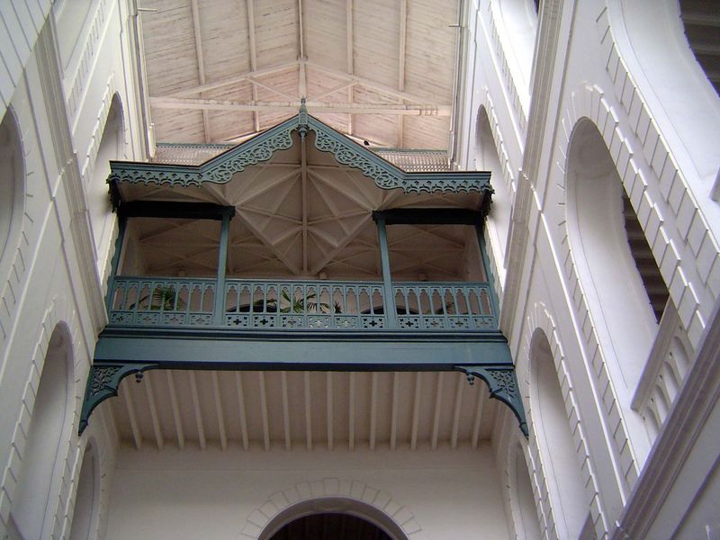 The interior is a courtyard with bridges like this one. The original interior had a sky-blue lime wash.