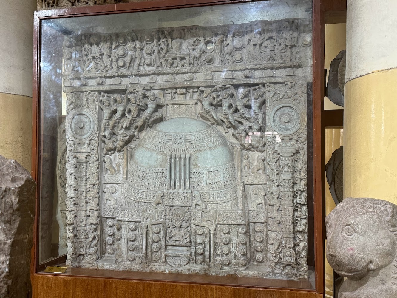 Accession No. 221, the museum's pride and joy, measures about two meters on a side and portrays the stupa worshipped by devas, framed by col