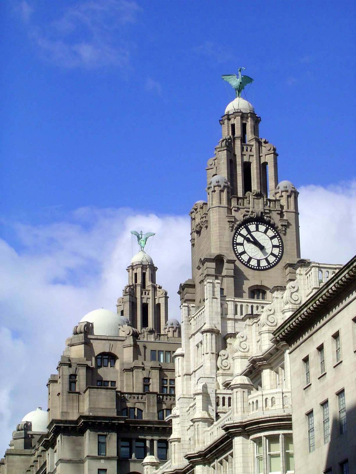 The birds up top are liver birds—a name of uncertain origin and referring possibly to eagles or cormorants. Some even argue in favor of peli