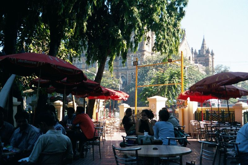 Morning in the McDonald's courtyard, with the railway station in the background.