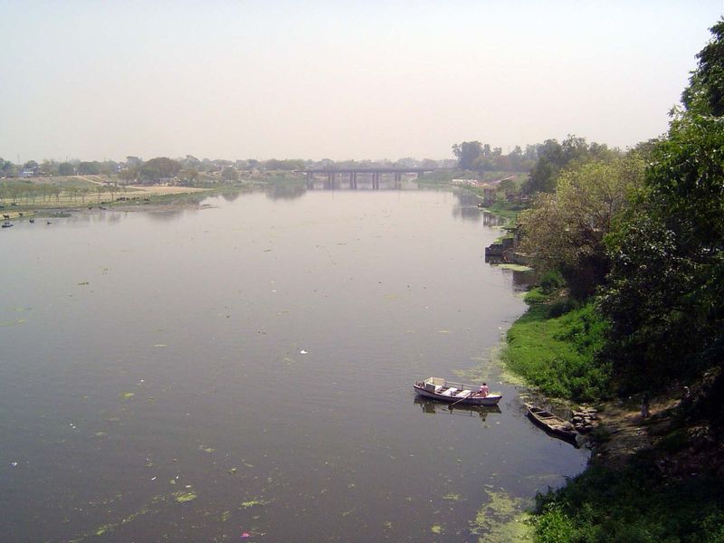 The River Gomti. Ferryman below.