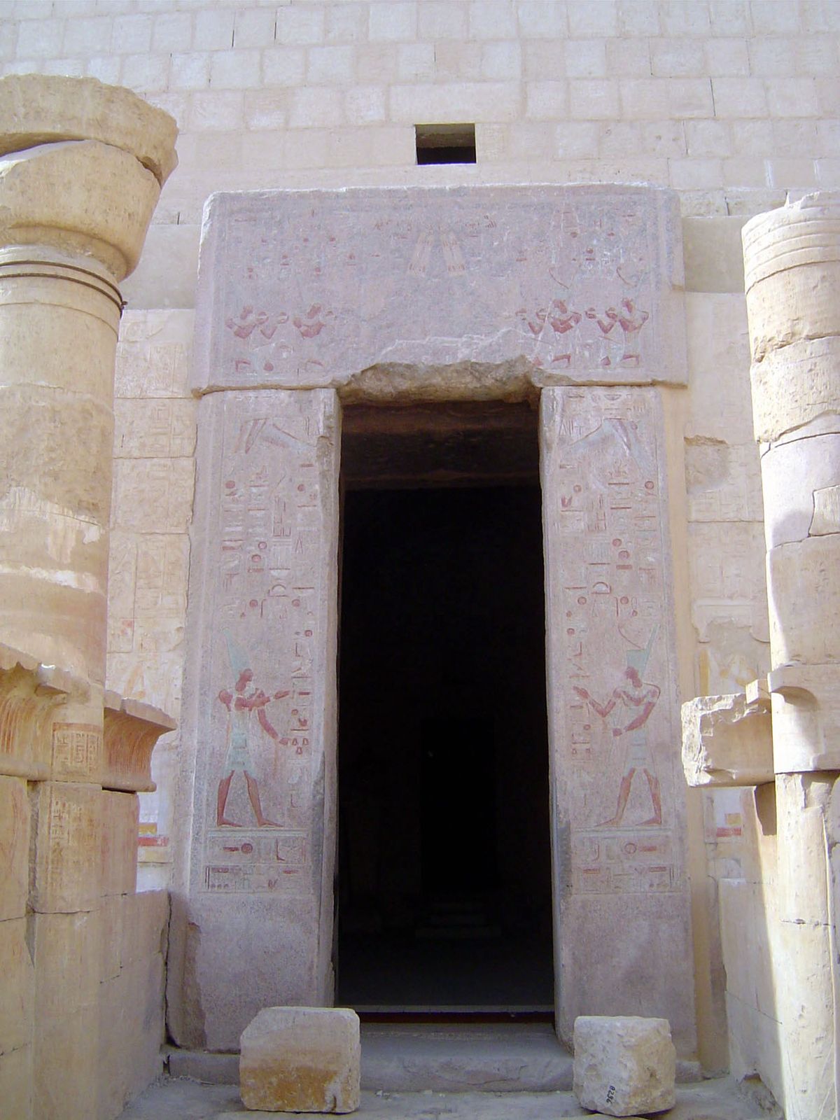 Granite door frames at the entrance to the three-roomed chapel, closed to the public.