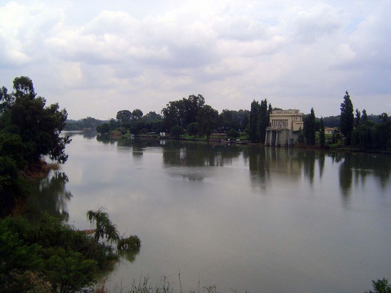 South of town, the road crosses the Vaal River. The headworks on the other side divert water to Johannesburg.
