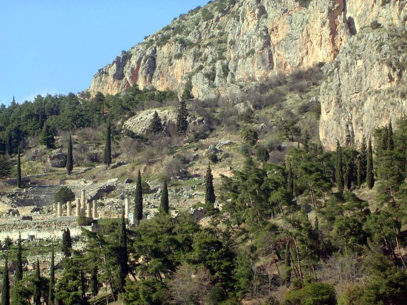 The first glimpse of Delphi, from the east. The oracle was closed by Theodosius I in the 4th century, but the desolation of the site is not 