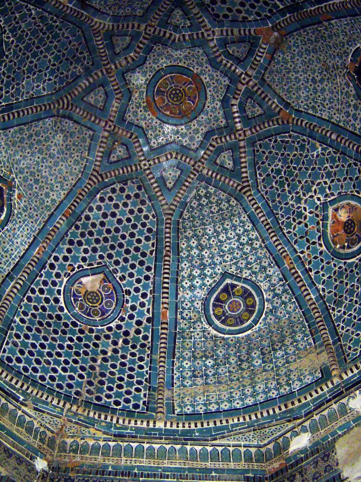 Shad-e Mulk Aqa cupola. Ribbed into eight sections with four different compositions—two of hexagonal stars and two of checkerboard squares T