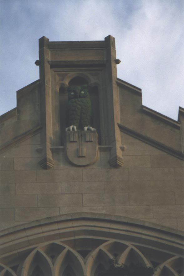 A green owl in the gable might be appropriate as a symbol of the law, but the figure arouses strong emotions in many American Indian student