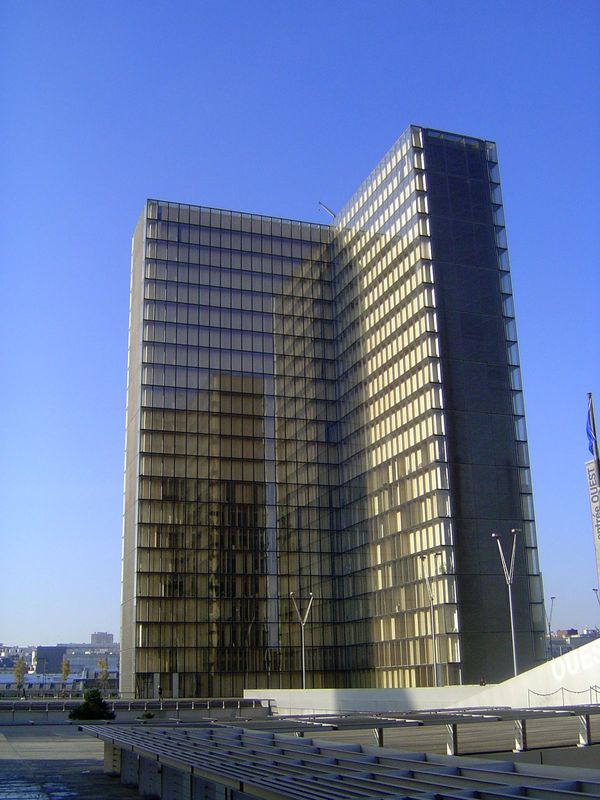 Here's another view. If it looks like an open book, there's a reason. This is one of the four towers of the Bibliotheque Nationale de France