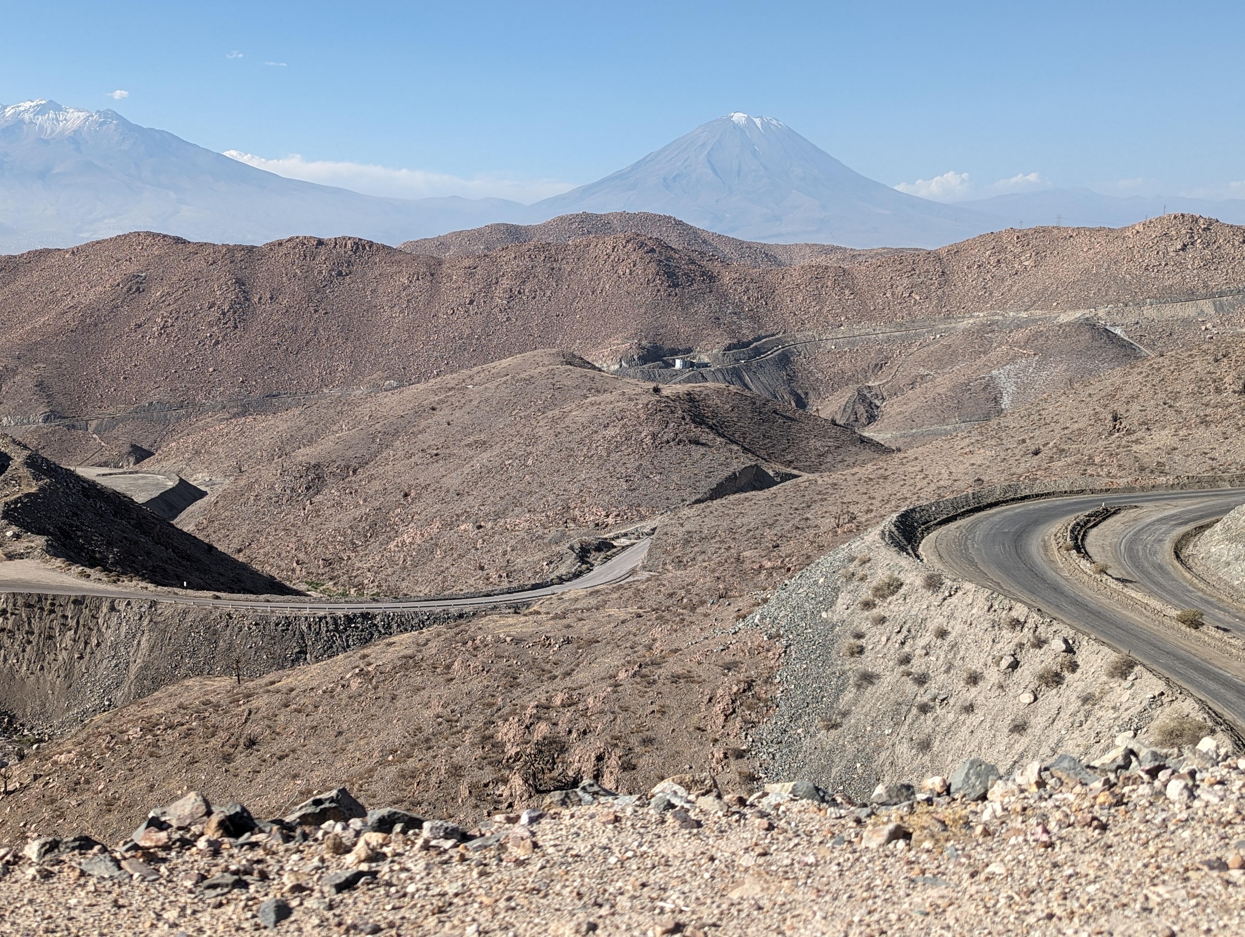 Highway 115 offers one of the two standard routes from Arequipa to the coast.  The view is eastward here, with the highway making a huge loo