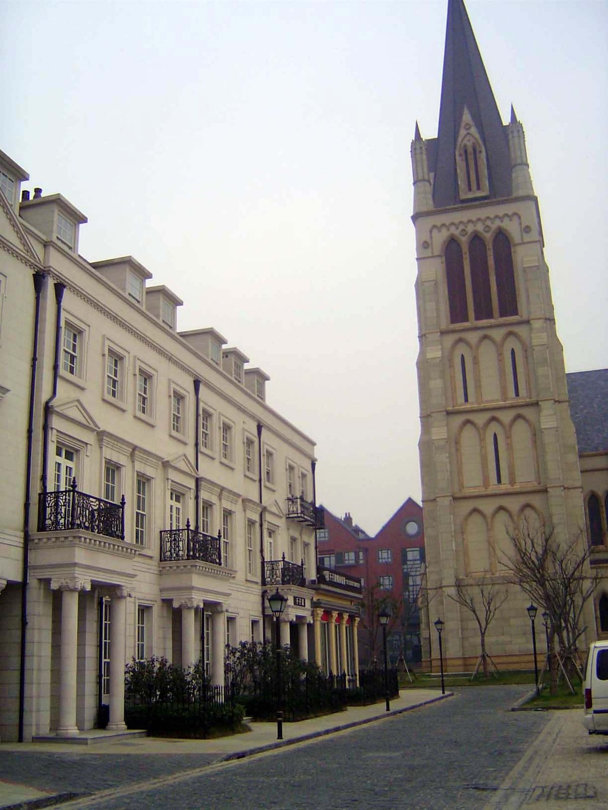 Townhouses and church.