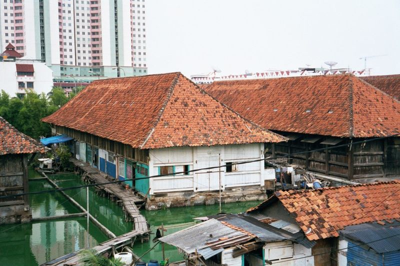 Looking west from the museum: the buildings are reputed to have been Dutch prisons.