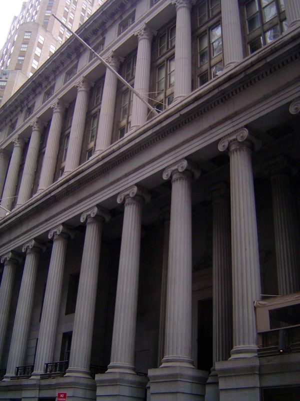 The lower columns are monoliths, unlike Federal Hall or the Parthenon, for that matter. Sixty years later, the First National Bank, which oc