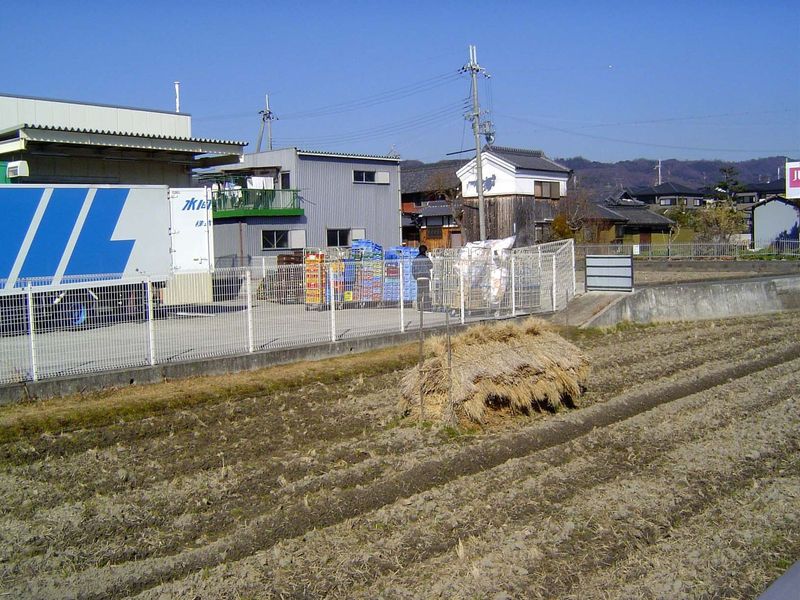 Nearby, we pass a supermarket and a rice field where last year's straw has been meticulously bundled.