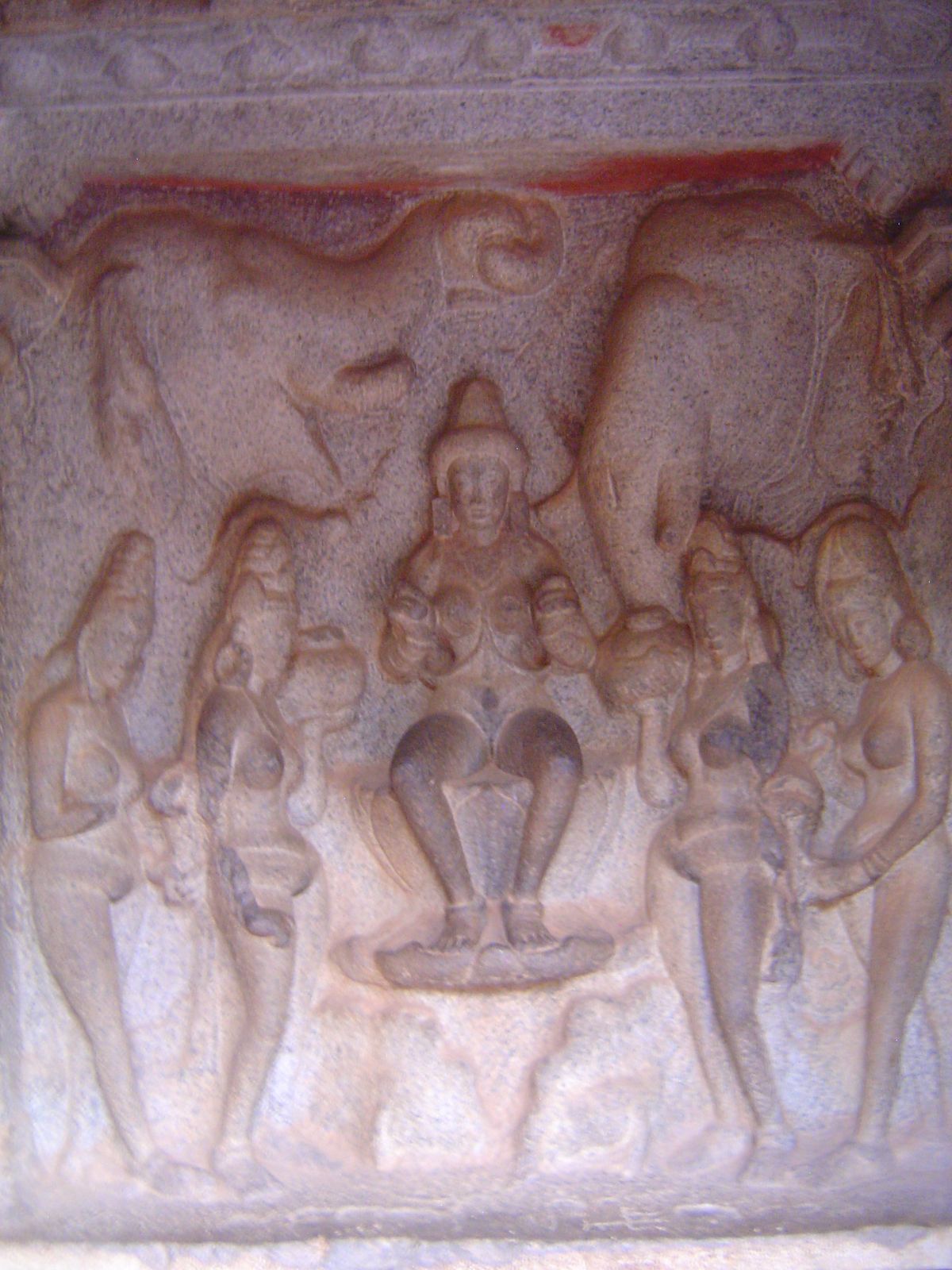 Another panel shows Vishnu's wife Lakshmi, here as Gajalakshmi, or Lakshmi with elephants. They bathe her.