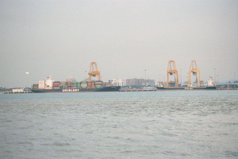 The same transformation is evident along the waterfront. Here: a zoomed shot across to the container port on the mainland.