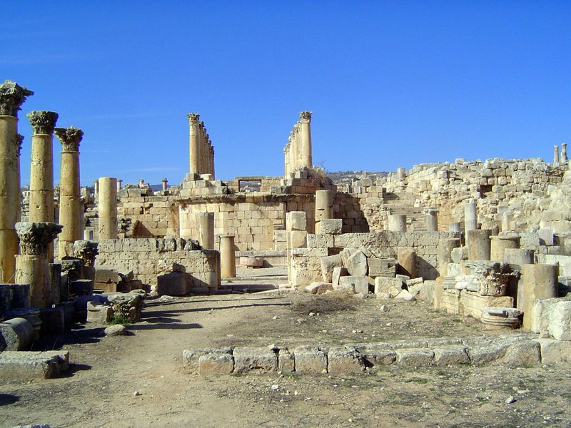 Looking west from the site of the Temple of Dionysus to the ruins of the church of St. Theodore. The octagonal platform in the center was a 