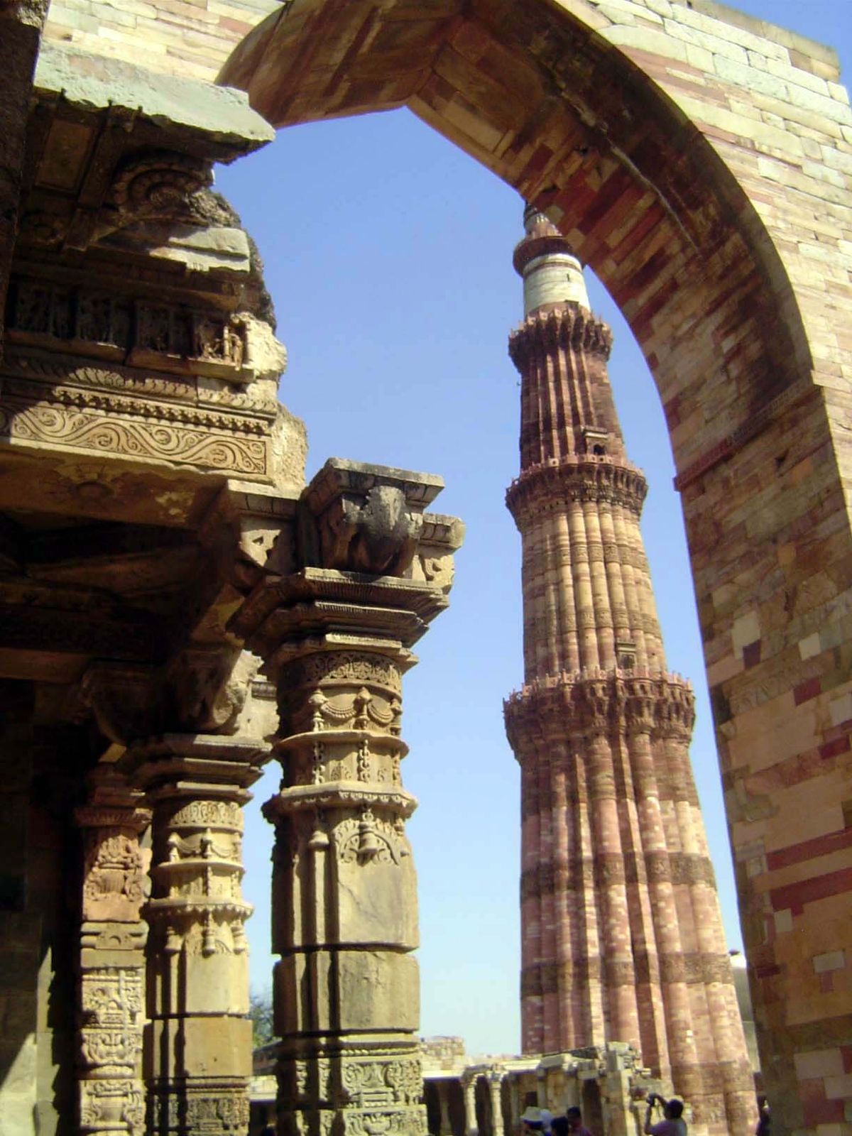A good sampling of adaptive, albeit unwilling, reuse. Columns from a Hindu temple have been incorporated into the Qutb complex.