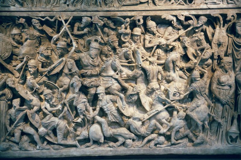 A more typically Roman subject. The is the side of a sarcophagus now in the Palazzo Massimo and showing the Romans as invincible. The barbar